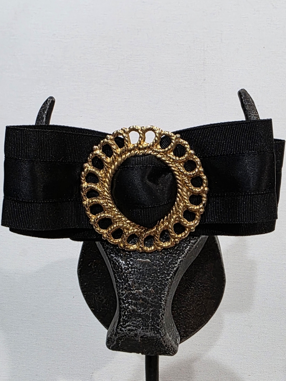 VTG 80s Ginnie Johansen Black Grosgrain Bow Barrette Gold Filigree Made France